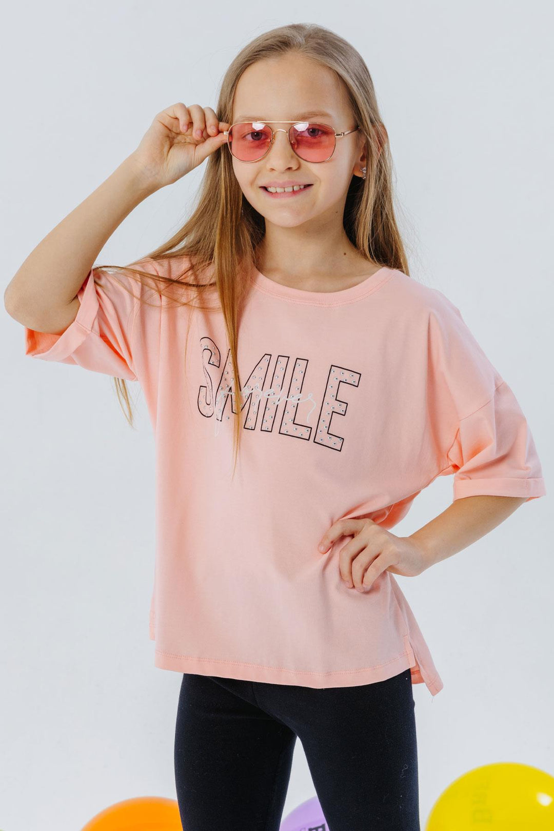 BRE Breeze Girl's T-Shirt with Smile Print and Stones, 96 Years, Salmon - West Orange