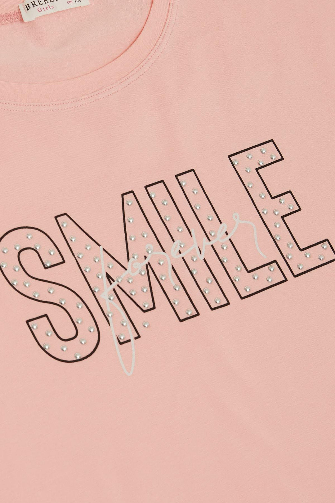 BRE Breeze Girl's T-Shirt with Smile Print and Stones, 96 Years, Salmon - West Orange