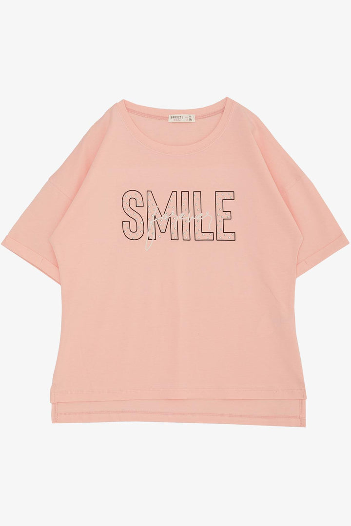 BRE Breeze Girl's T-Shirt with Smile Print and Stones, 96 Years, Salmon - West Orange