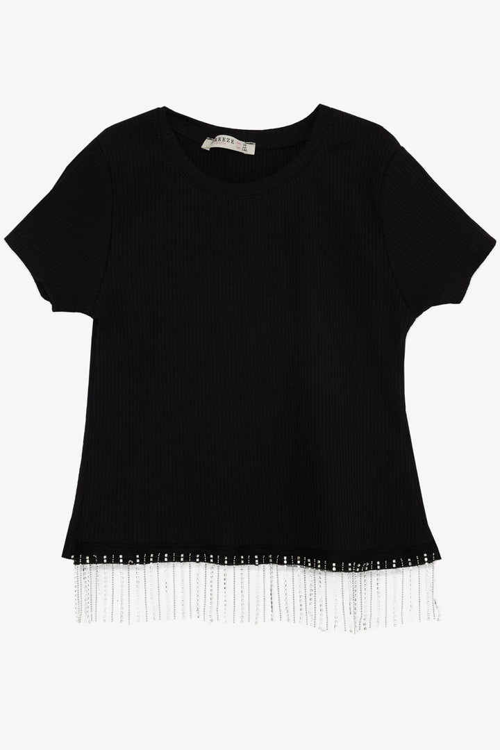 BRE BREEZE Girl's T-shirt with Stone Fringes 94 Years, Black - Encarnación de Díaz