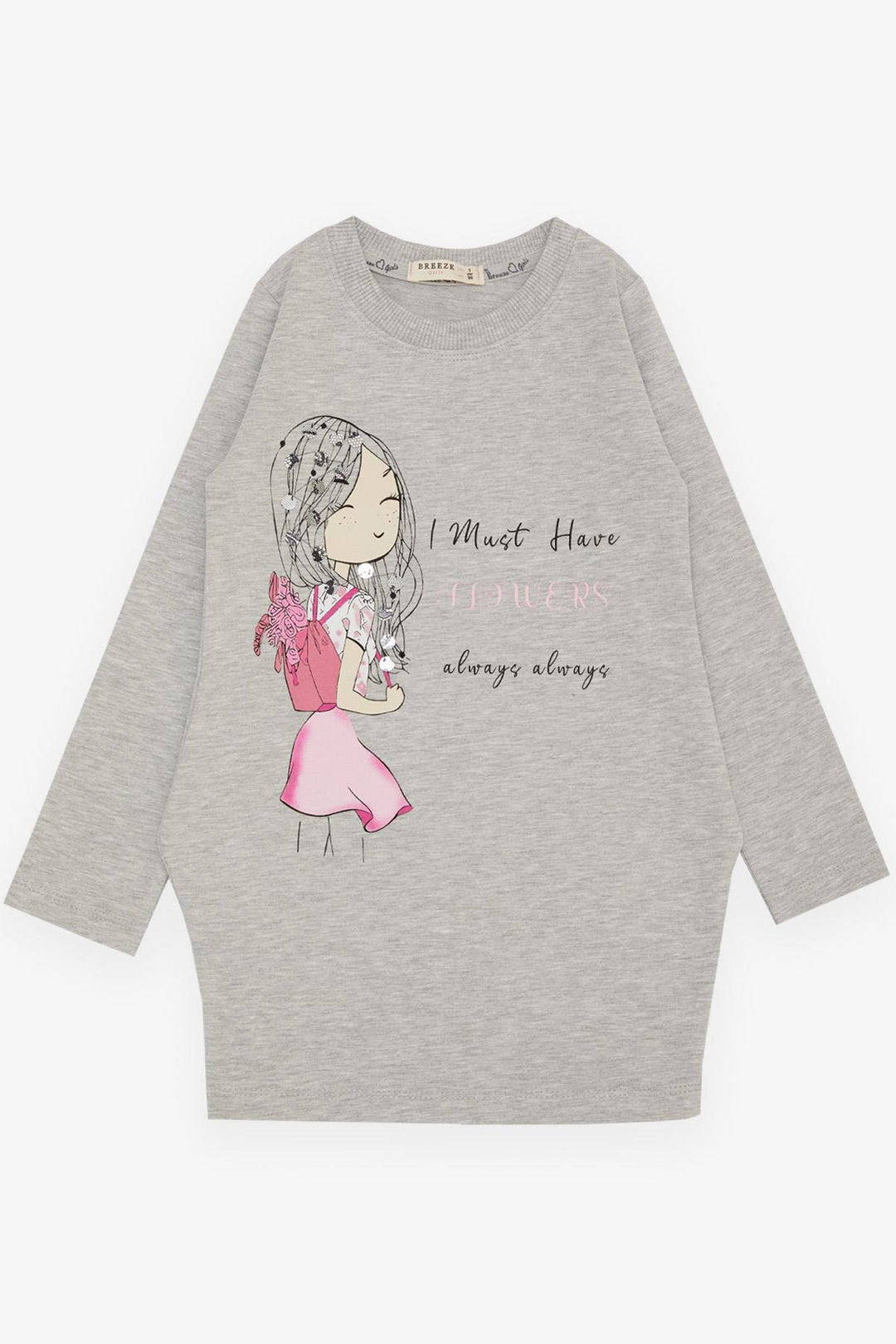 BRE Breeze Girl's Tunic with Happy Girl Printed Sequins 3-7 Years, Grey Melange - Bonita Springs