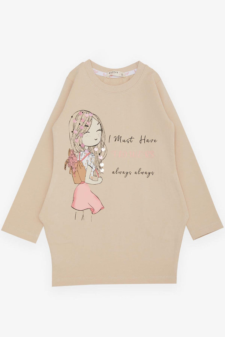 BRE Breeze Girl's Tunic with Happy Girl Printed Sequins, 3-7 Years, Beige - Chalon-sur-Saône