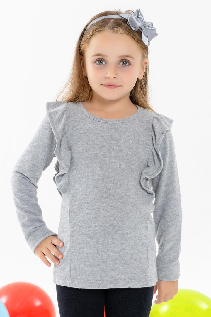 BRE Breeze Girl Child Long Sleeve Blouse with Frilled Shoulders, Gray, 3-8 Years - Zaanstad