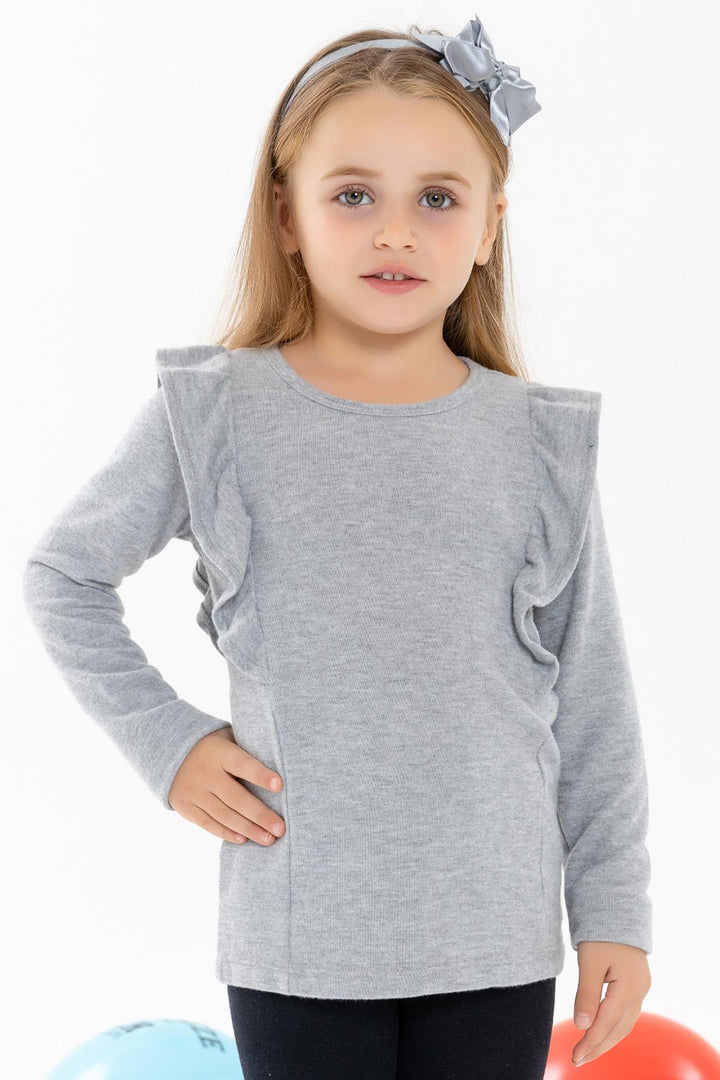 BRE Breeze Girl Child Long Sleeve Blouse with Frilled Shoulders, Gray, 3-8 Years - Zaanstad