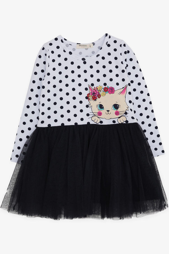 BRE Breeze Girl Child Long Sleeve Dress Polka Dot Cat Printed Skirt Tulle 2-6 Years, White - Uden