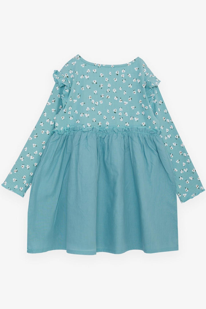 BRE Breeze Girl Child Long Sleeve Dress with Flower Pattern Buttoned Frilly Shoulder 2-6 Years, Aqua Green - Ansbach