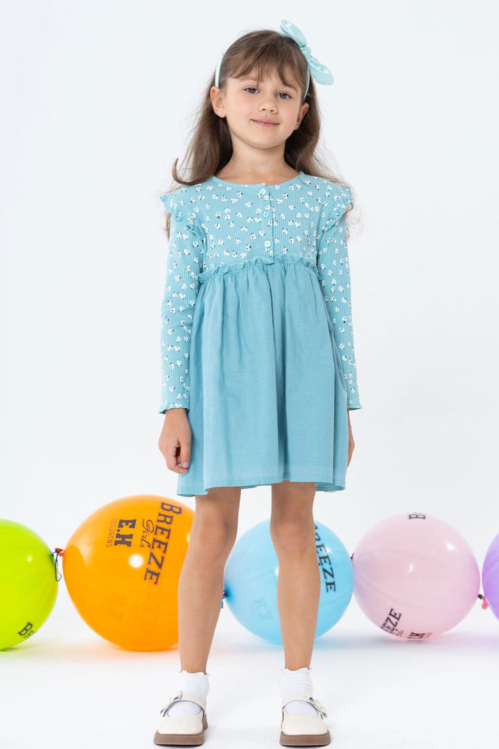 BRE Breeze Girl Child Long Sleeve Dress with Flower Pattern Buttoned Frilly Shoulder 2-6 Years, Aqua Green - Ansbach