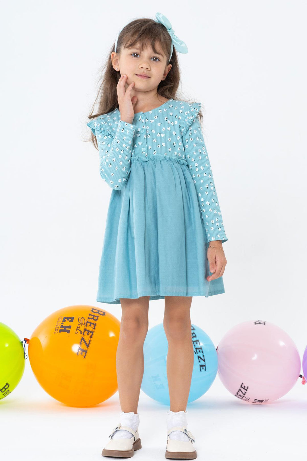 BRE Breeze Girl Child Long Sleeve Dress with Flower Pattern Buttoned Frilly Shoulder 2-6 Years, Aqua Green - Ansbach