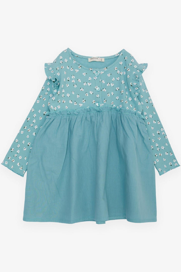 BRE Breeze Girl Child Long Sleeve Dress with Flower Pattern Buttoned Frilly Shoulder 2-6 Years, Aqua Green - Ansbach