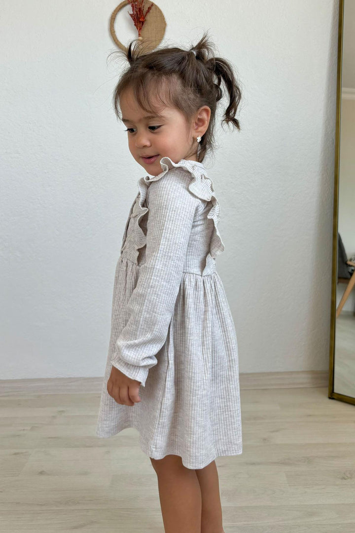 BRE Breeze Girl Child Long Sleeve Dress with Ruffle Button Detail 1.5-5 Years, Beige Melange - Security-Widefield