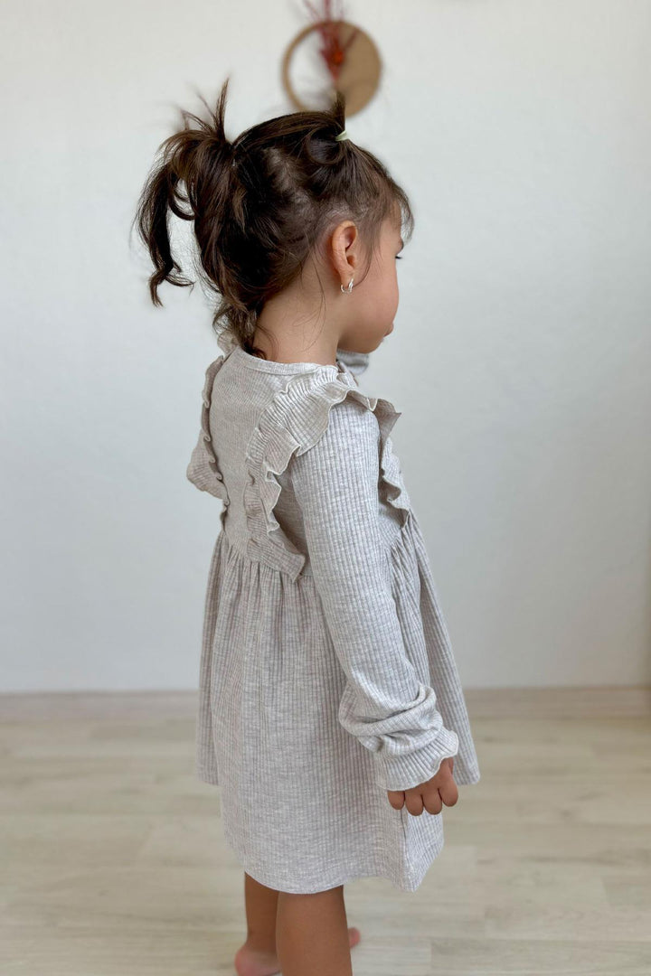 BRE Breeze Girl Child Long Sleeve Dress with Ruffle Button Detail 1.5-5 Years, Beige Melange - Security-Widefield