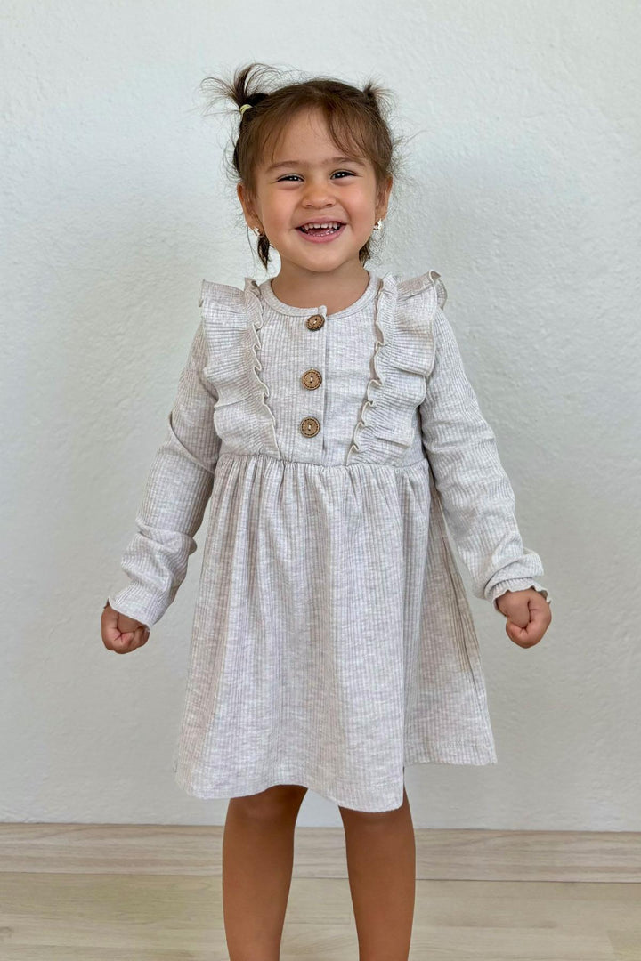 BRE Breeze Girl Child Long Sleeve Dress with Ruffle Button Detail 1.5-5 Years, Beige Melange - Security-Widefield