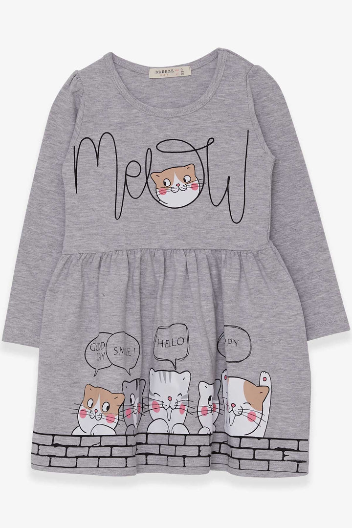 BRE Breeze Girl Child Long Sleeve Dress with Cat Pattern, 3-7 Years, Grey Melange - Bern