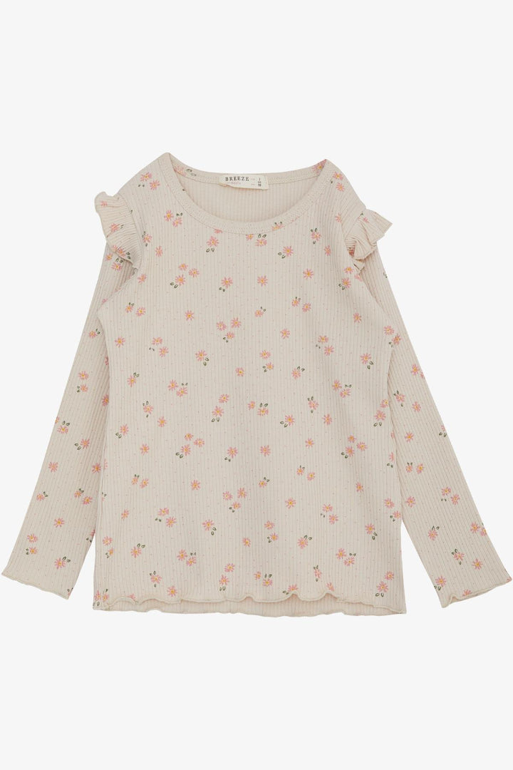 BRE Breeze Girl Child Long Sleeve T-Shirt with Floral Frilly Shoulder 2-6 Years, Beige - Manhattan