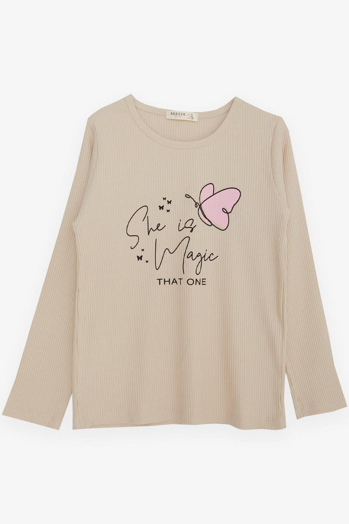 BRE Breeze Girl Child Long Sleeve T-Shirt Butterfly Printed 4-8 Years, Beige - Coyula