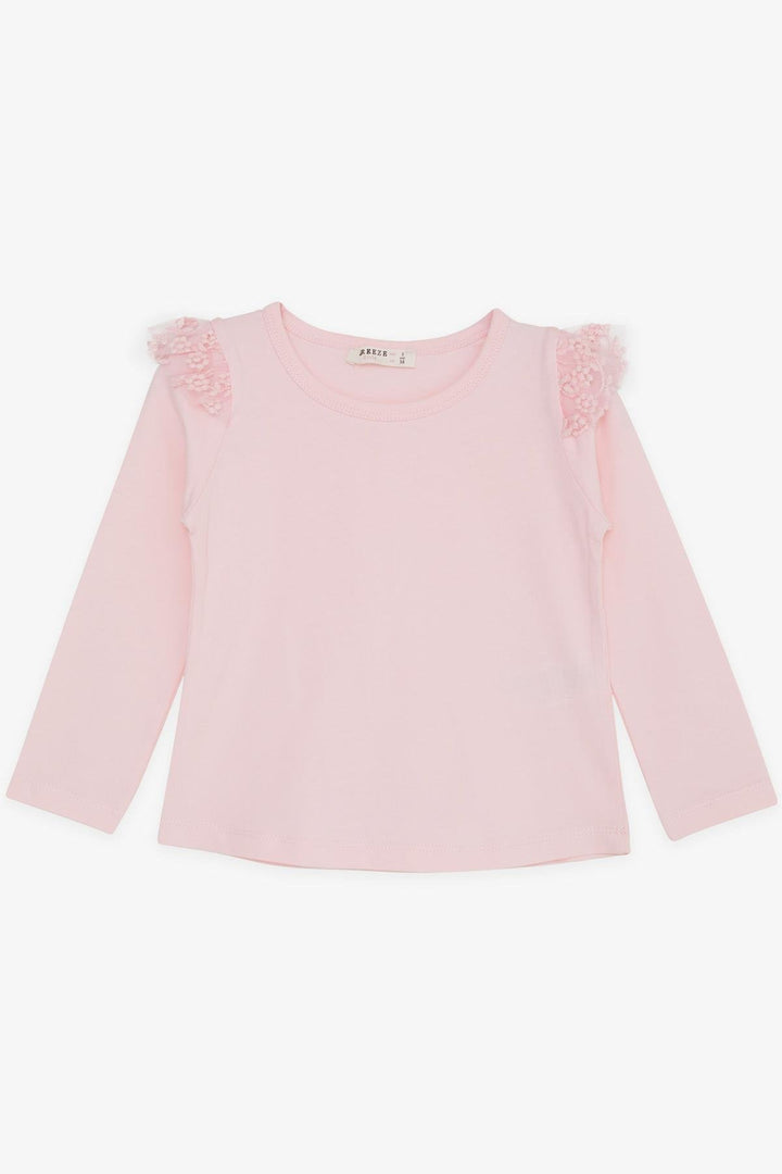 BRE Breeze Girl Child Long Sleeve T-shirt with Tulle Embroidery on Shoulder, 3-7 Years, Pink - Newcastle