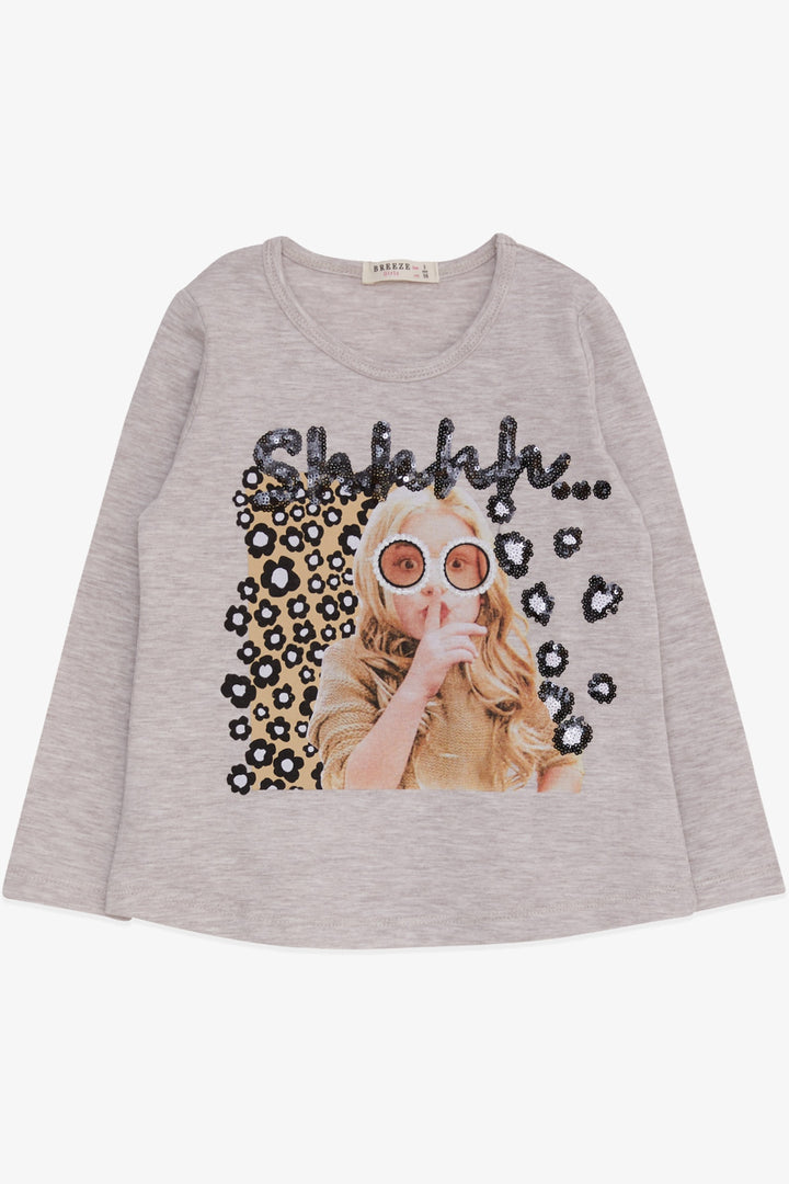 BRE Breeze Girl Child Long Sleeve T-Shirt Sequined Girl Printed 3-8 Years, Beige Melange - Herne