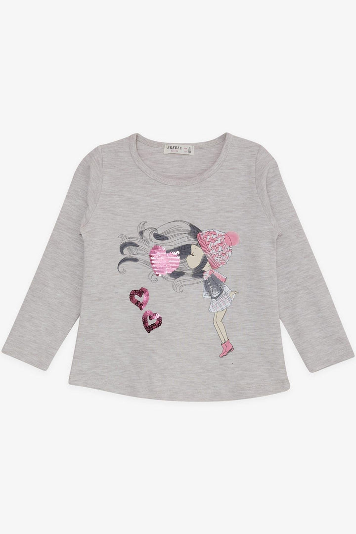 BRE Breeze Girl Child Long Sleeve T-Shirt Sequined Heart Printed 2-6 Years, Beige Melange - Claremont