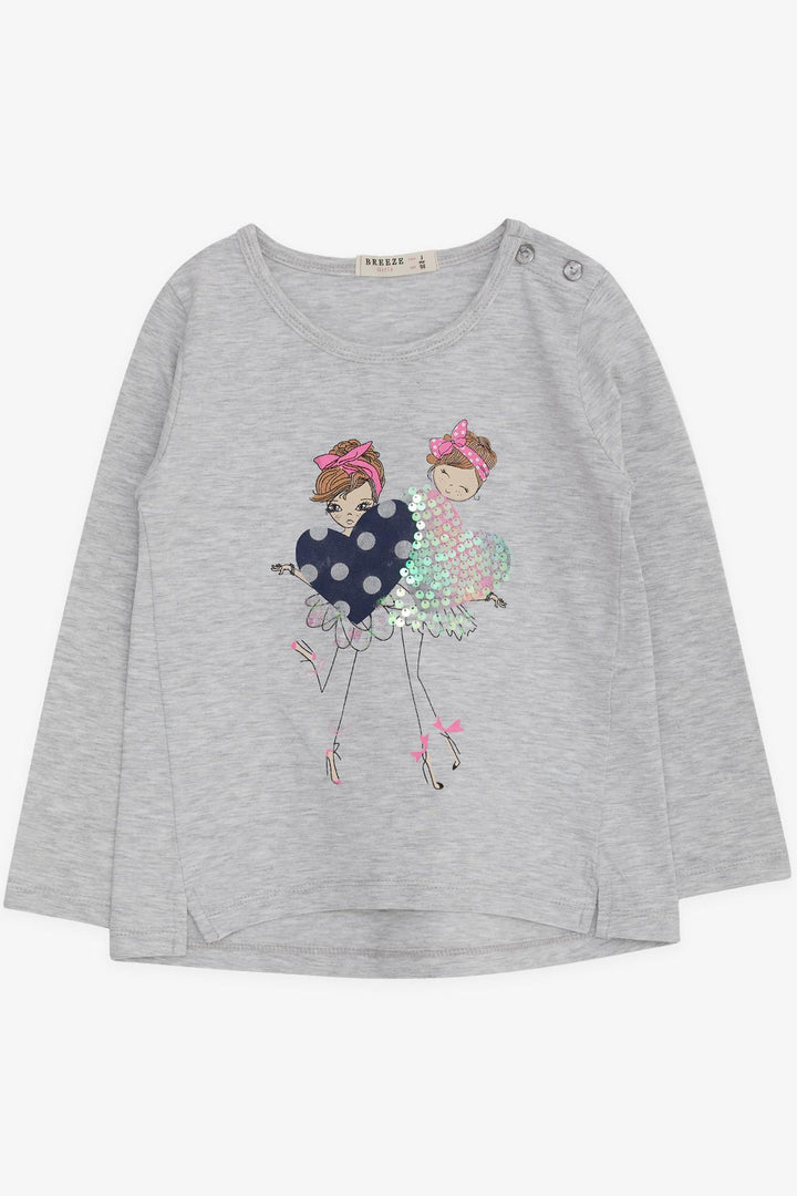 BRE Breeze Girl Child Long Sleeve T-Shirt Sequined Girl Printed 2-6 Years, Light Gray Melange - Cartagena