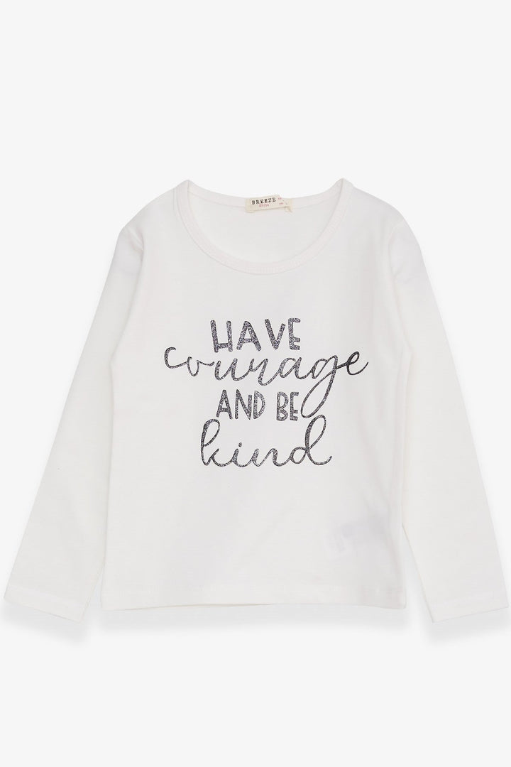 BRE Breeze Girl Child Long Sleeve T-Shirt with Glittery Printed Text, 3-7 Years, Ecru - Alhambra