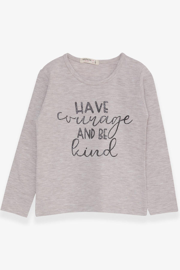 BRE Breeze Girl Child Long Sleeve T-Shirt with Glittery Printed Text 3-7 Years, Beige Melange - Túxpam de Rodríguez Cano