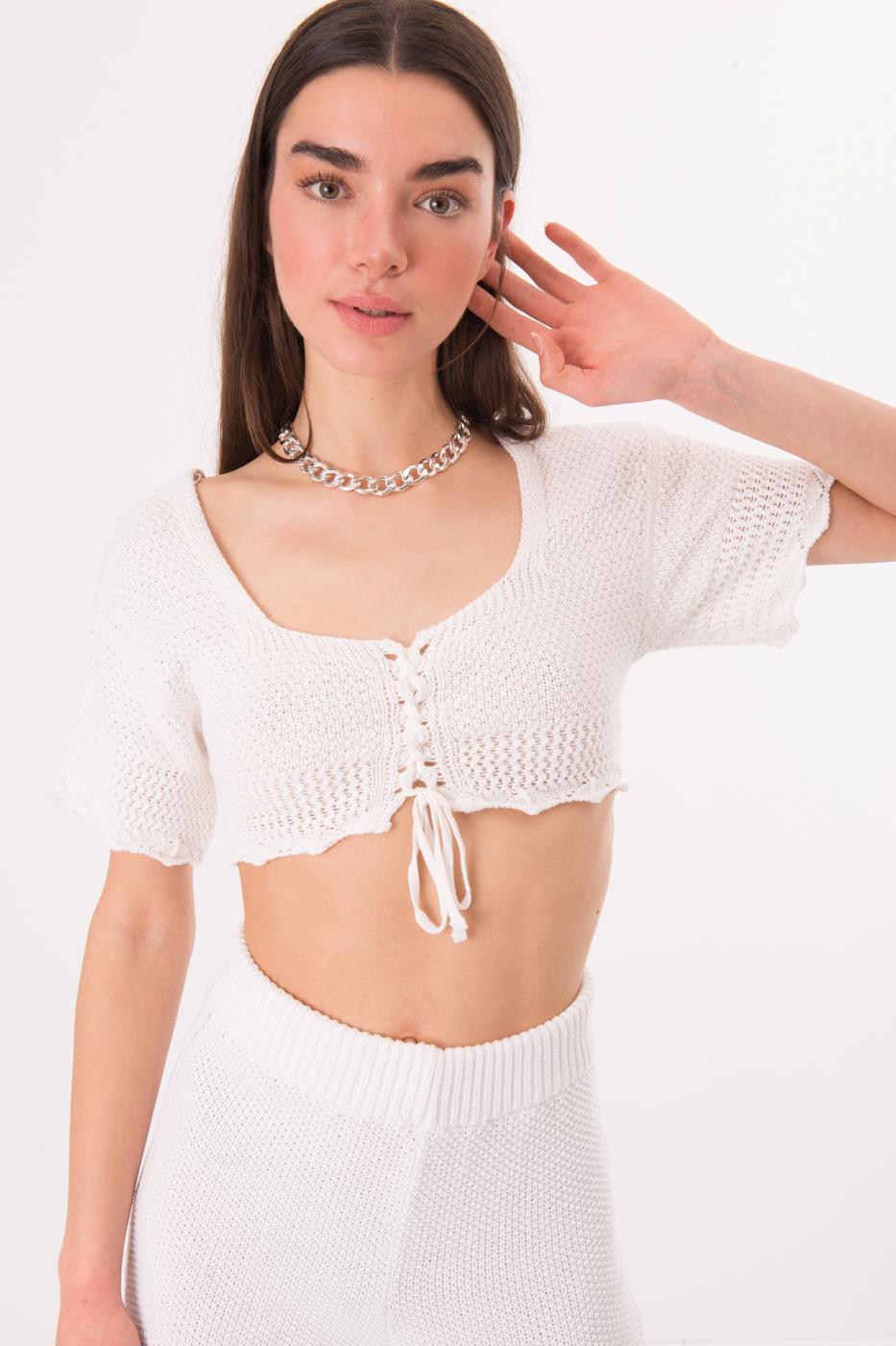 BSL Women Short Sleeve Front Tie Knit Crop Top - Fort Smith