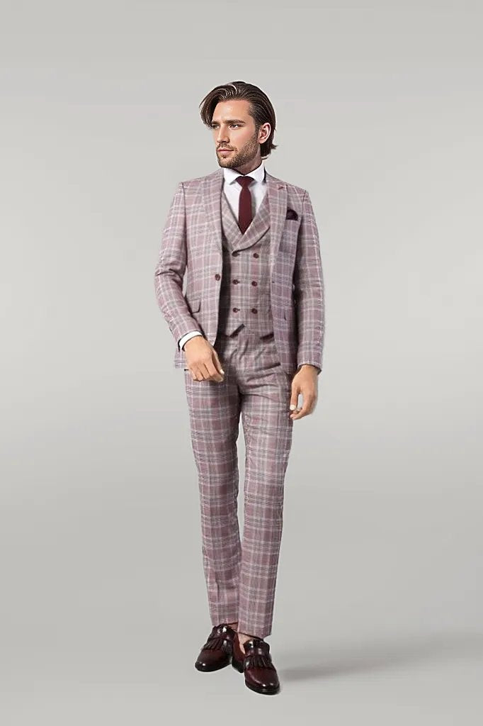 WSS Burgundy Plaid Vested Slim Fit Italian Suit  - Singen