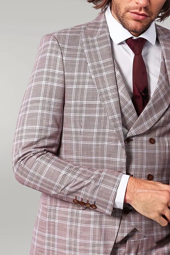 WSS Burgundy Plaid Vested Slim Fit Italian Suit  - Singen