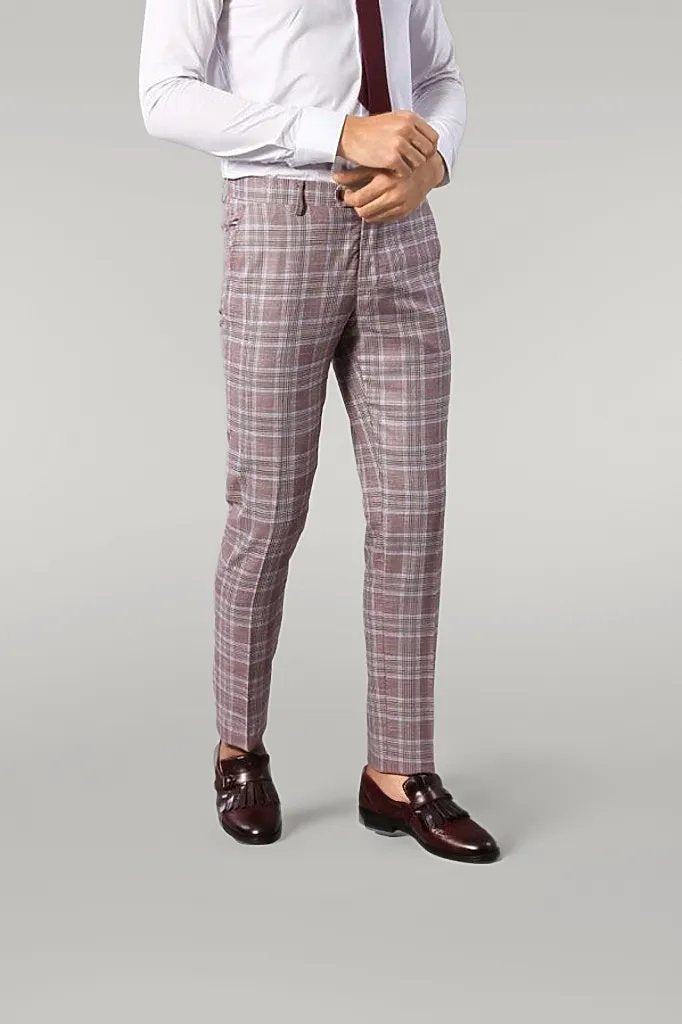 WSS Burgundy Plaid Vested Slim Fit Italian Suit  - Singen