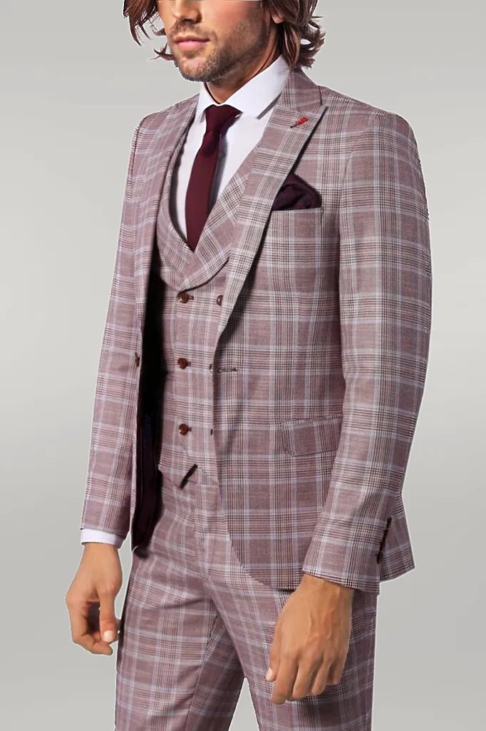 WSS Burgundy Plaid Vested Slim Fit Italian Suit  - Singen