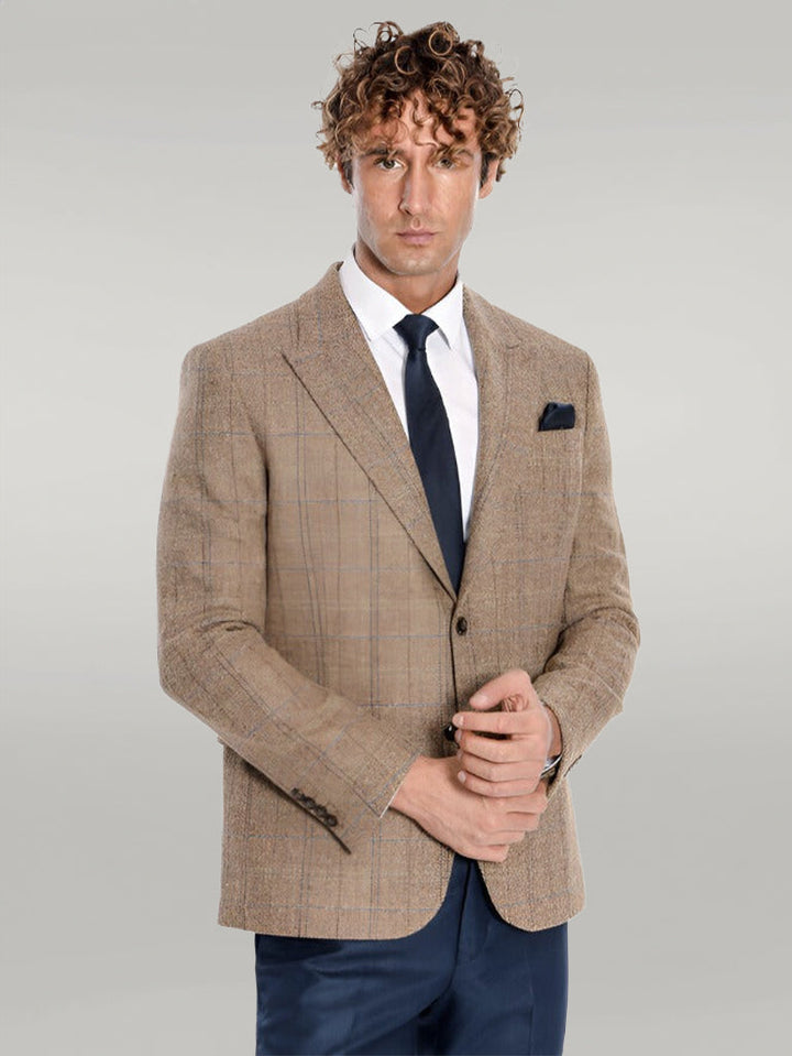 WSS Herringbone Slim Fit Wool Tan Men Blazer  - Singen