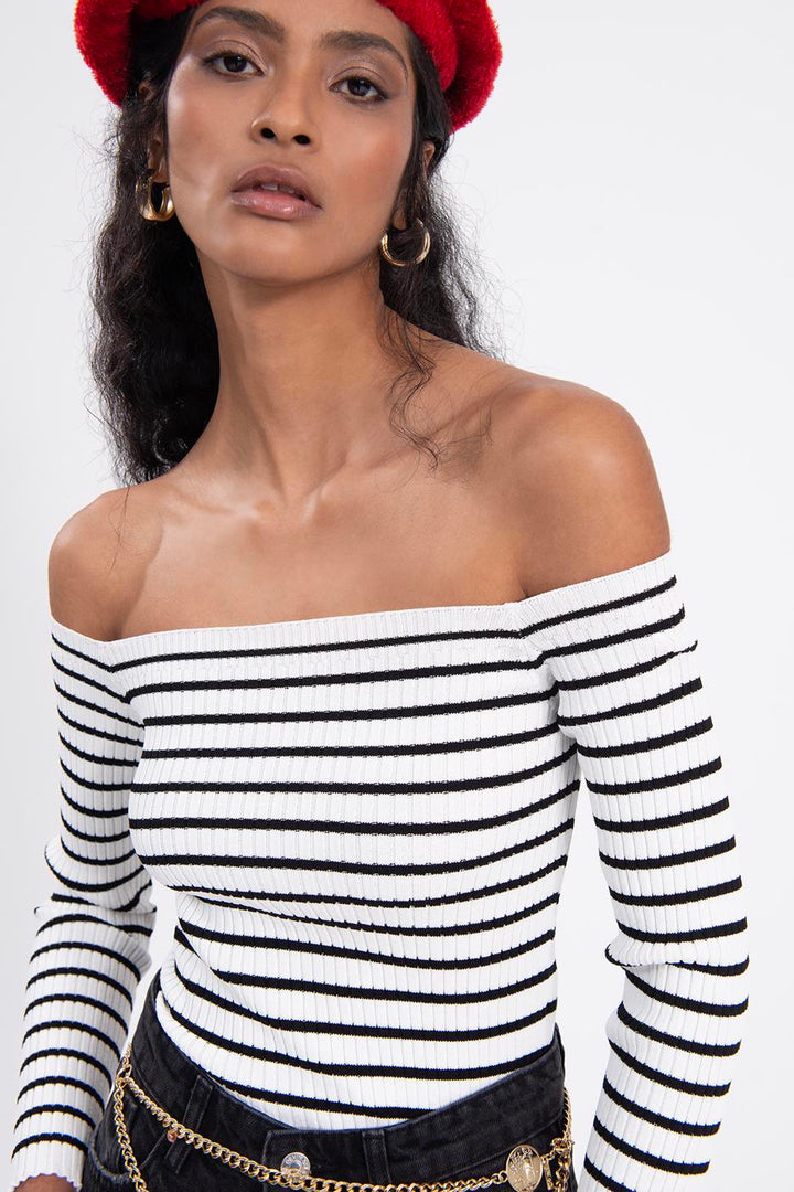 BSL Women Carmen collar stripped crop top - Fermo