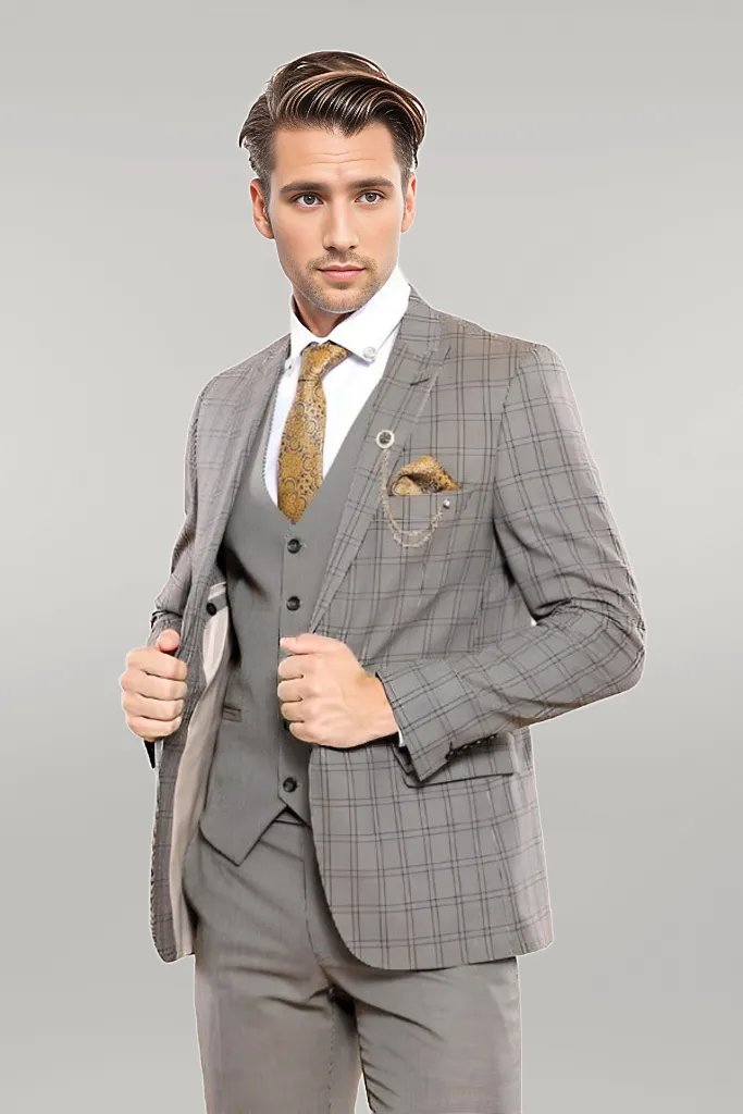 WSS Checked Brown Vested Men's Suit  - Singen