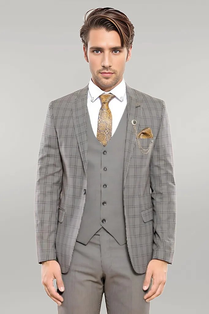 WSS Checked Brown Vested Men's Suit  - Singen