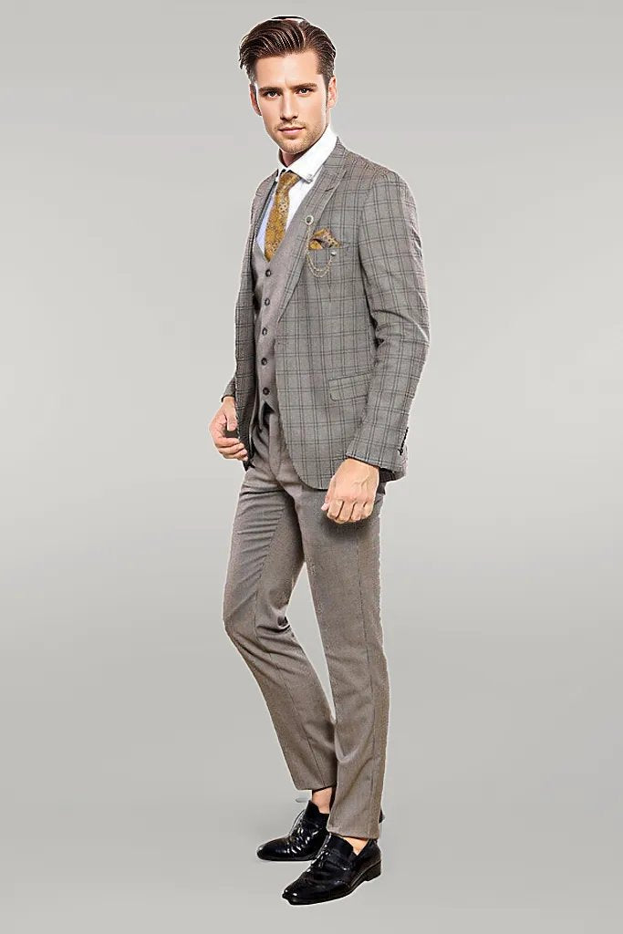 WSS Checked Brown Vested Men's Suit  - Singen