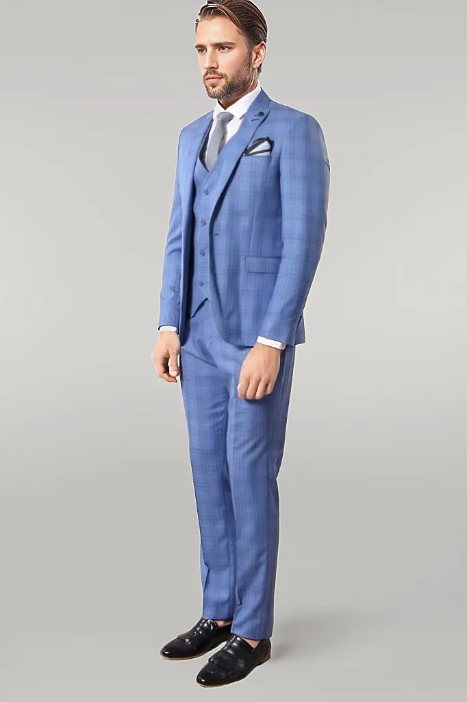 WSS Checked Light Blue Men Suit  - Singen