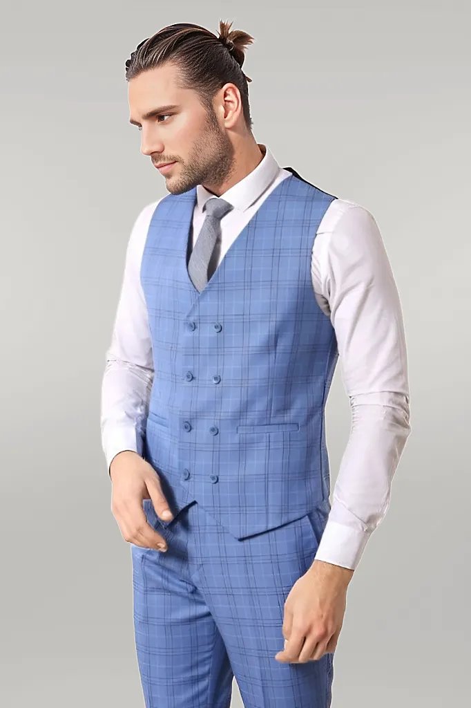 WSS Checked Light Blue Men Suit  - Singen