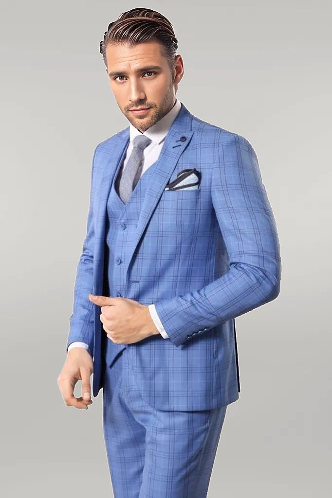 WSS Checked Light Blue Men Suit  - Singen