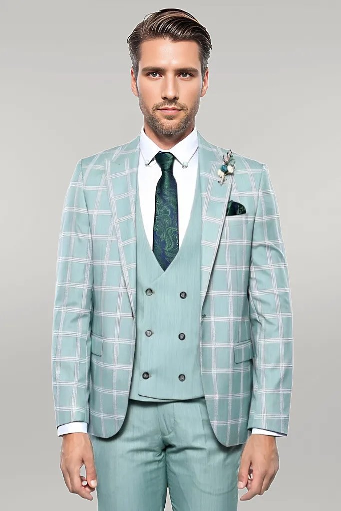 WSS Checked Light Green Vested Suit  - Singen