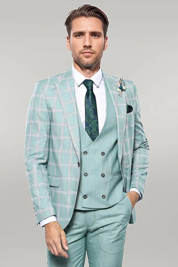 WSS Checked Light Green Vested Suit  - Singen