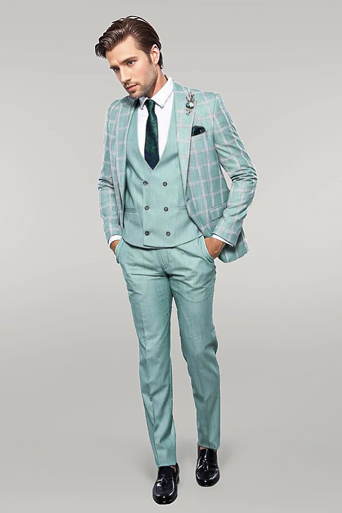 WSS Checked Light Green Vested Suit  - Singen