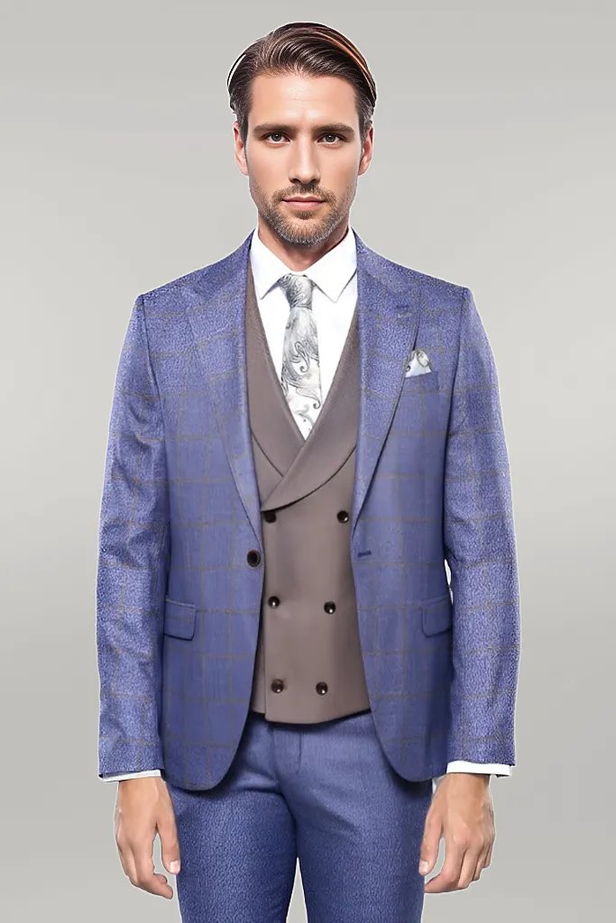 WSS Checked Blue Men's Suit  - Singen