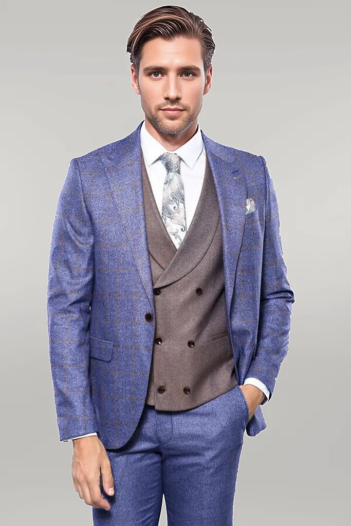 WSS Checked Blue Men's Suit  - Singen