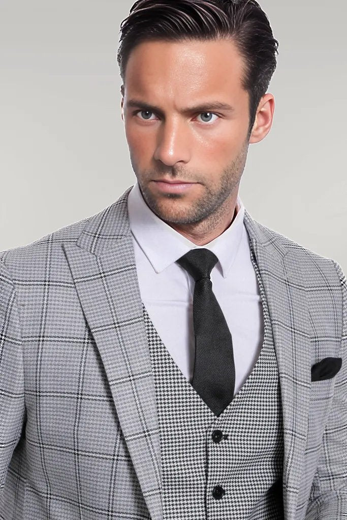 WSS Checked Patterned Slim Fit Grey Men Suit  - Singen