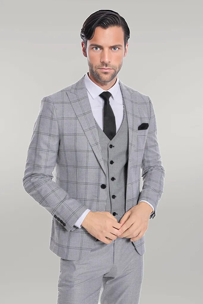 WSS Checked Patterned Slim Fit Grey Men Suit  - Singen