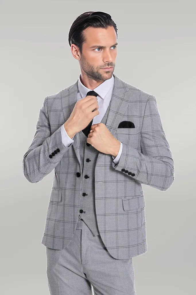 WSS Checked Patterned Slim Fit Grey Men Suit  - Singen