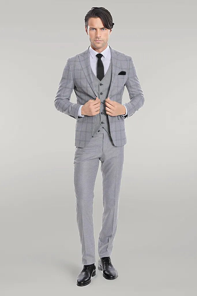 WSS Checked Patterned Slim Fit Grey Men Suit  - Singen