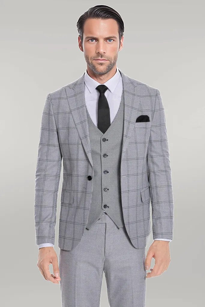 WSS Checked Patterned Slim Fit Grey Men Suit  - Singen