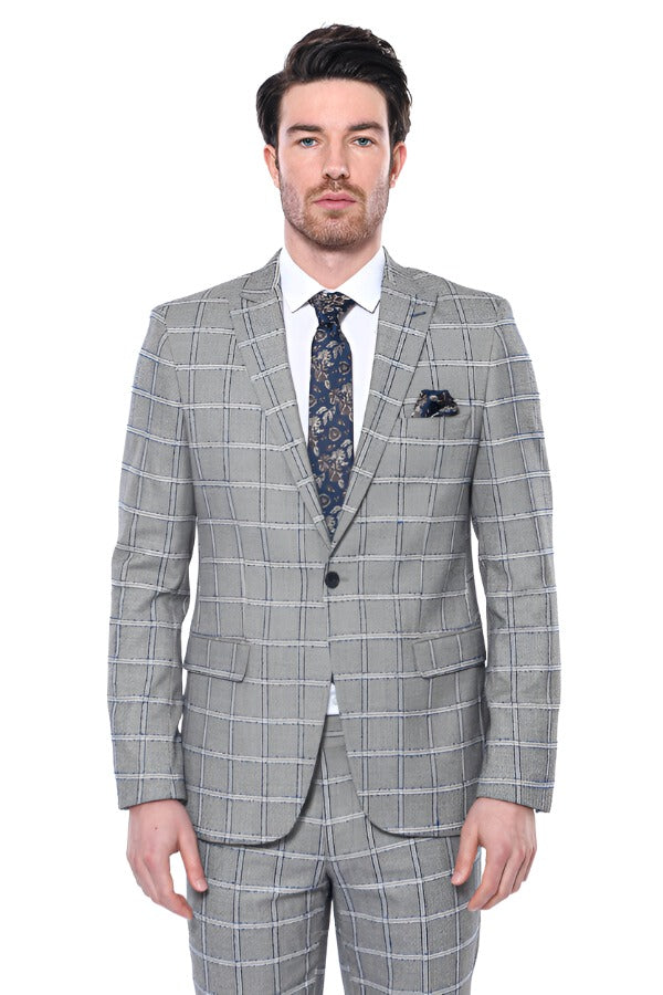 WSS Checked Slim-Fit Grey Men Blazer  - Singen