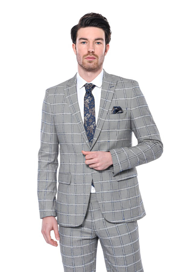 WSS Checked Slim-Fit Grey Men Blazer  - Singen